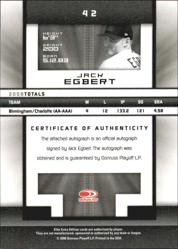 2008 Donruss Elite Extra Edition Signature Turn of the Century #42 Jack Egbert/844 back image