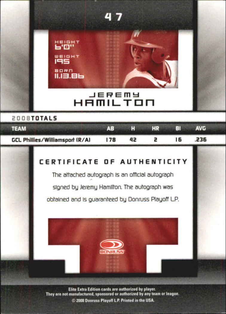 2008 Donruss Elite Extra Edition Signature Turn of the Century #47 Jeremy Hamilton/844 back image