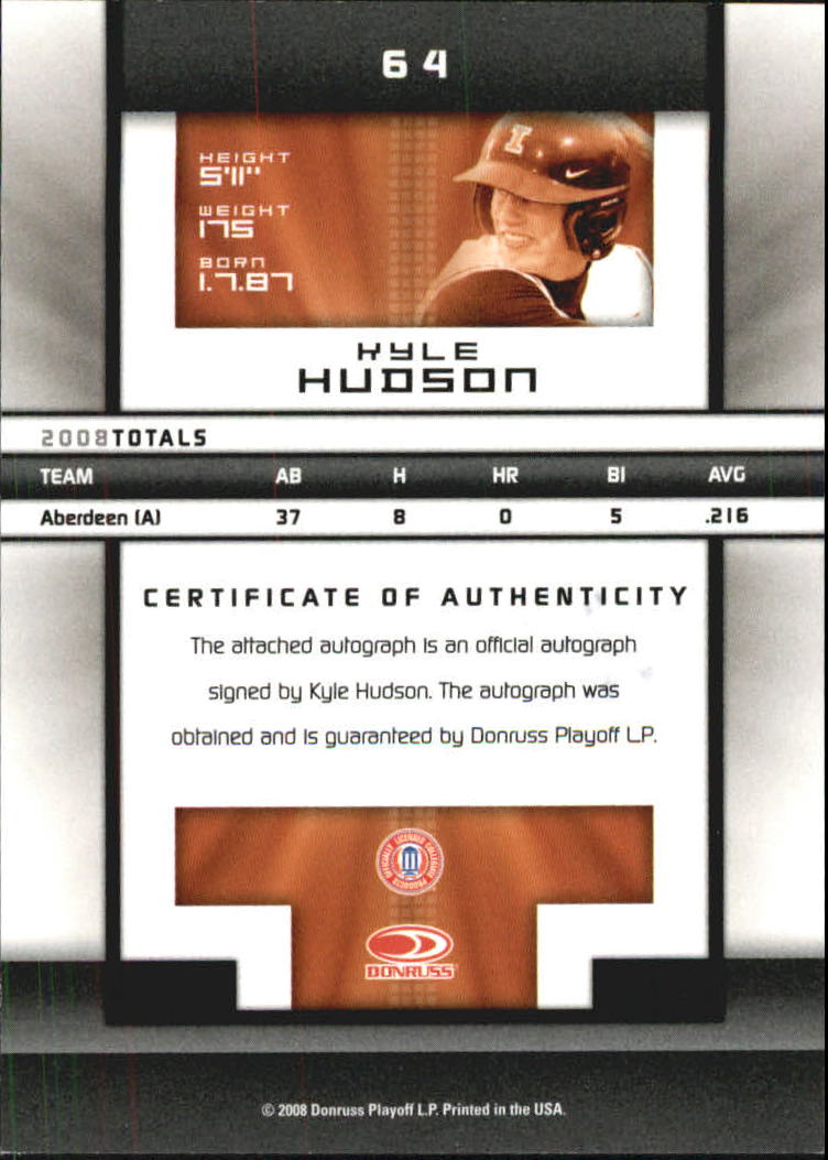 2008 Donruss Elite Extra Edition Signature Turn of the Century #64 Kyle Hudson/419 back image