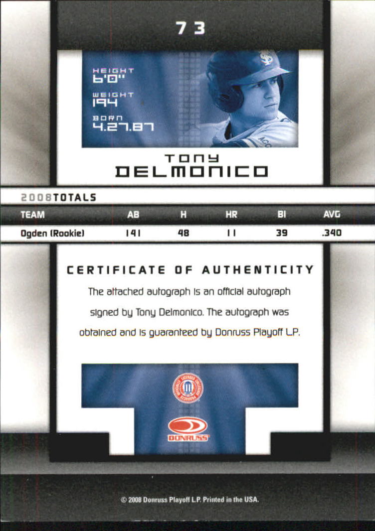 2008 Donruss Elite Extra Edition Signature Turn of the Century #73 Tony Delmonico/744 back image