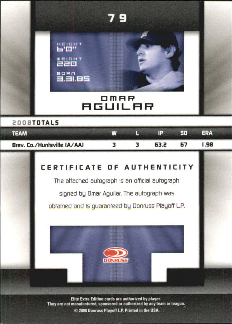 2008 Donruss Elite Extra Edition Signature Turn of the Century #79 Omar Aguilar/594 back image