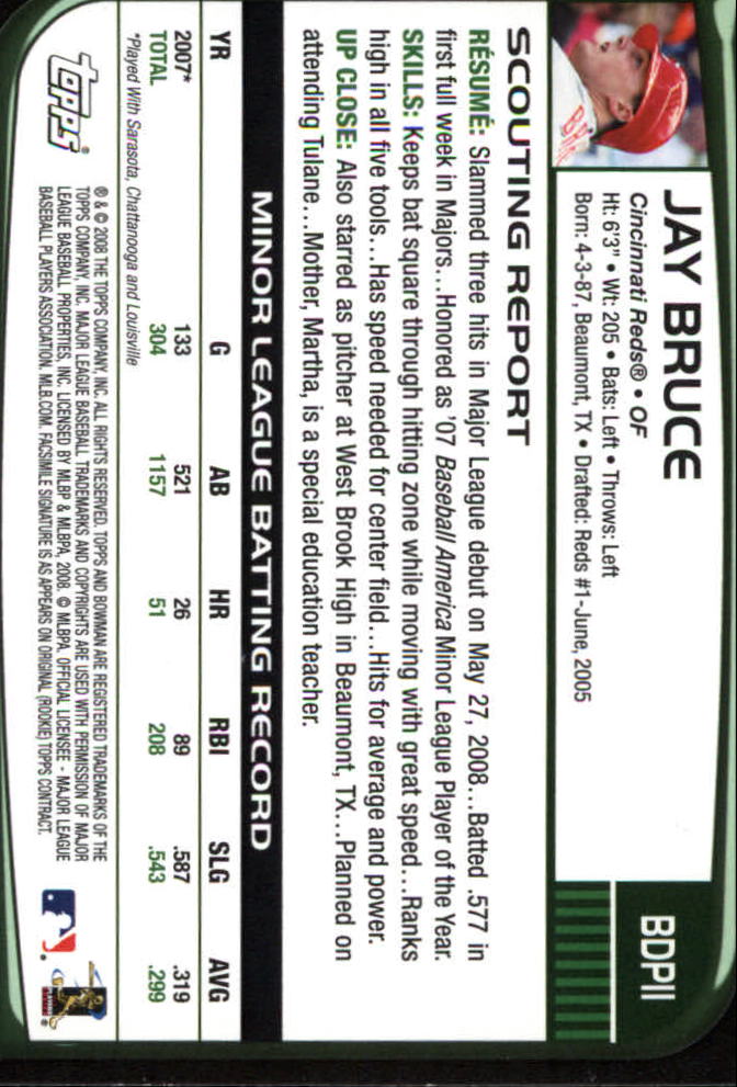 2008 Bowman Draft #BDP11 Jay Bruce (RC) back image