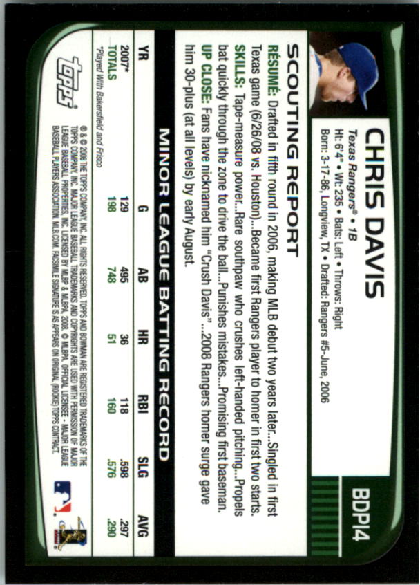 2008 Bowman Draft #BDP14 Chris Davis RC back image
