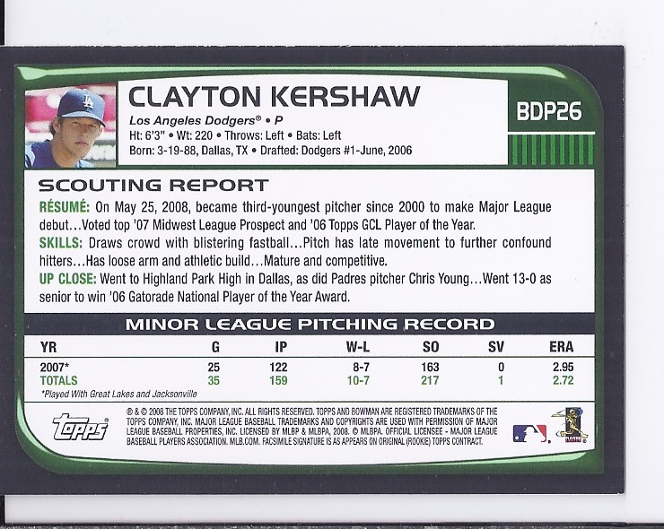 2008 Bowman Draft #BDP26 Clayton Kershaw RC back image