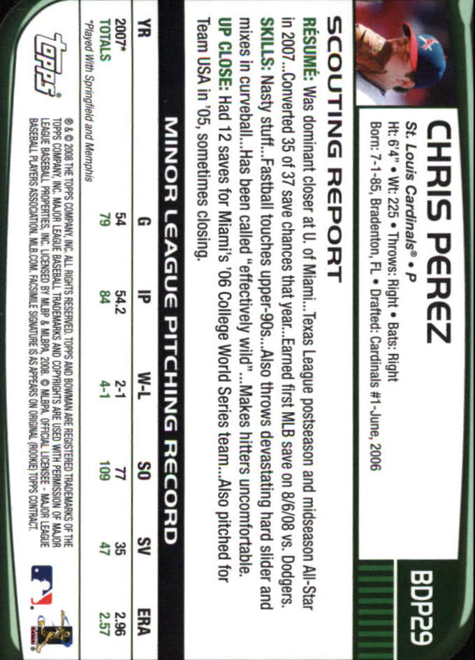 2008 Bowman Draft #BDP29 Chris Perez RC back image