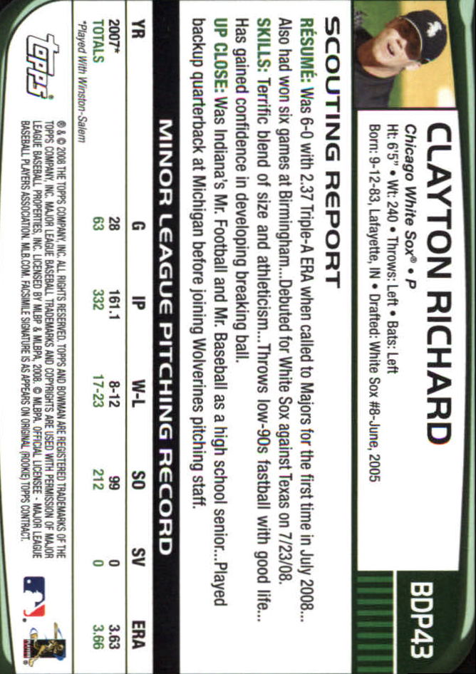 2008 Bowman Draft #BDP43 Clayton Richard (RC) back image