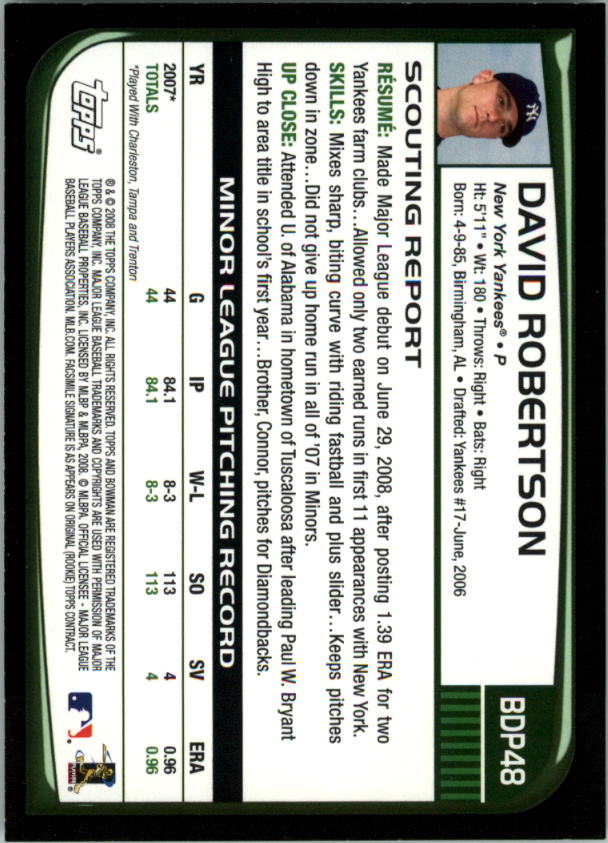 2008 Bowman Draft #BDP48 David Robertson RC back image
