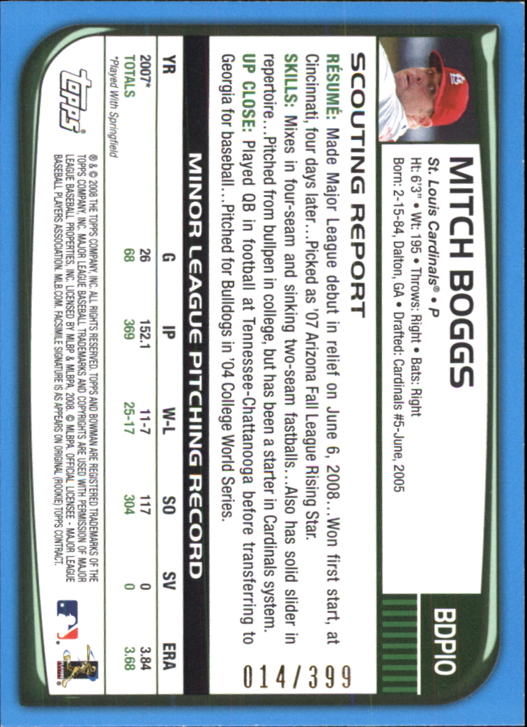 2008 Bowman Draft Blue #BDP10 Mitch Boggs back image