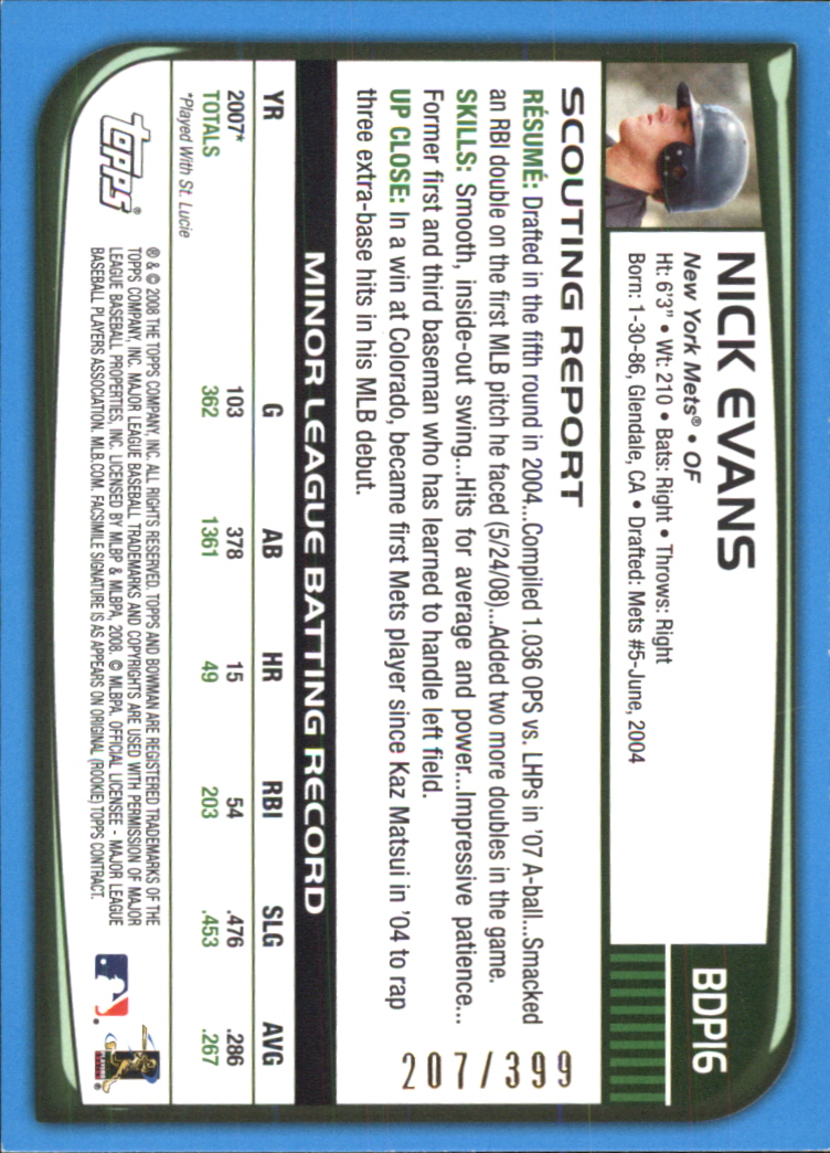 2008 Bowman Draft Blue #BDP16 Nick Evans back image