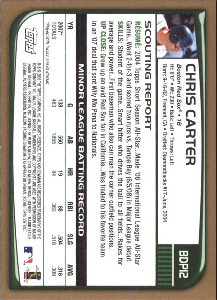 2008 Bowman Draft Gold #BDP12 Chris Carter back image