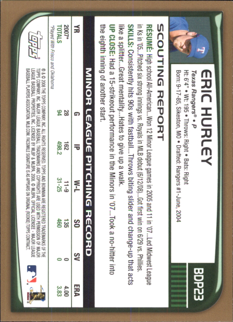 2008 Bowman Draft Gold #BDP23 Eric Hurley back image