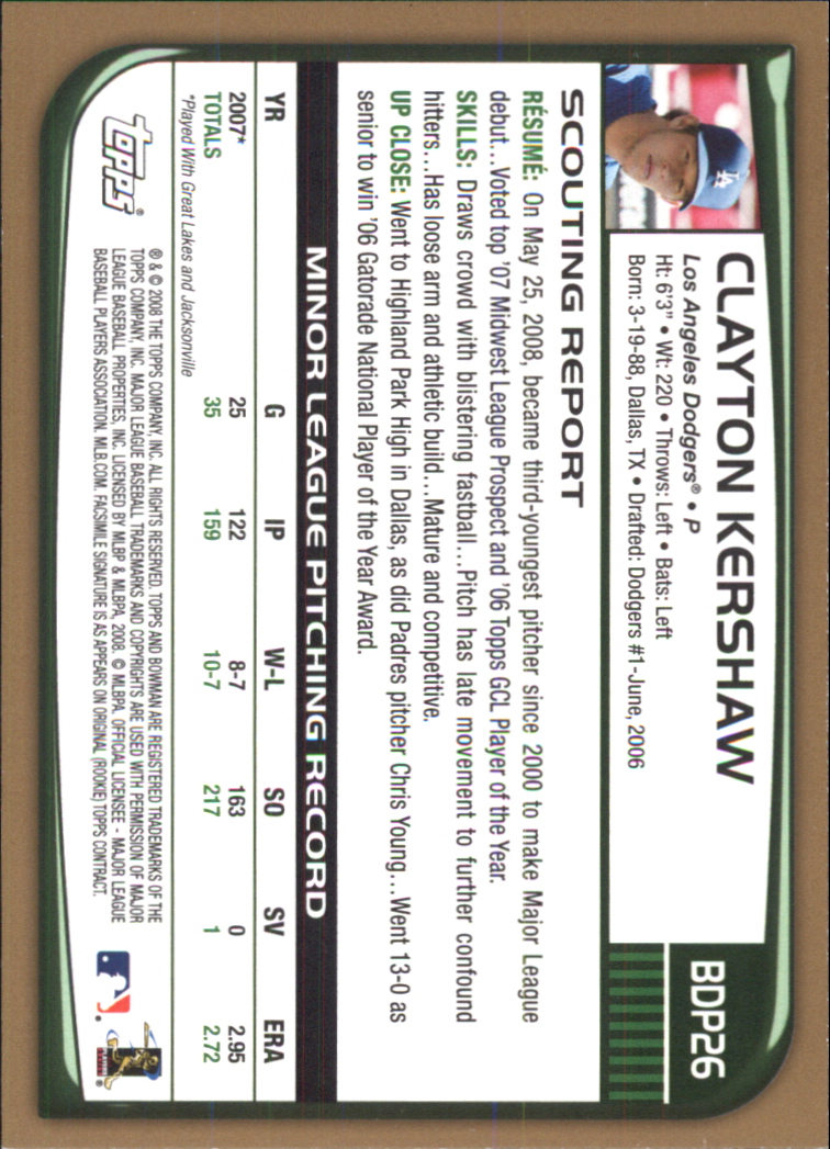 2008 Bowman Draft Gold #BDP26 Clayton Kershaw back image