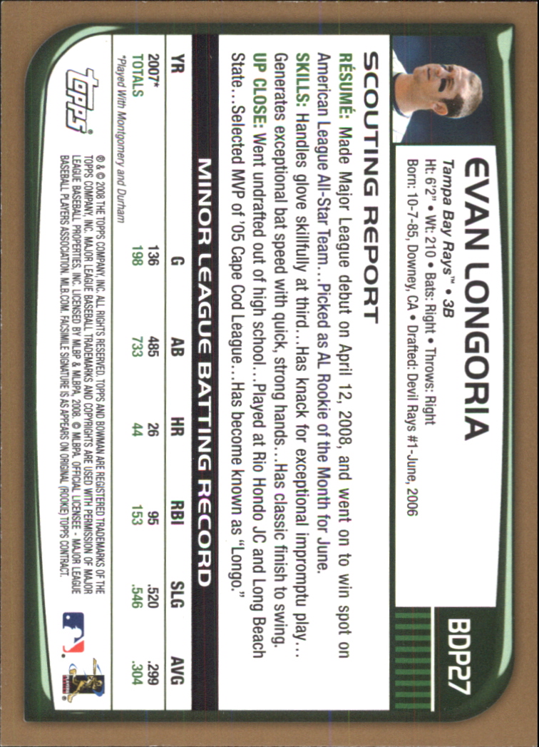 2008 Bowman Draft Gold #BDP27 Evan Longoria back image