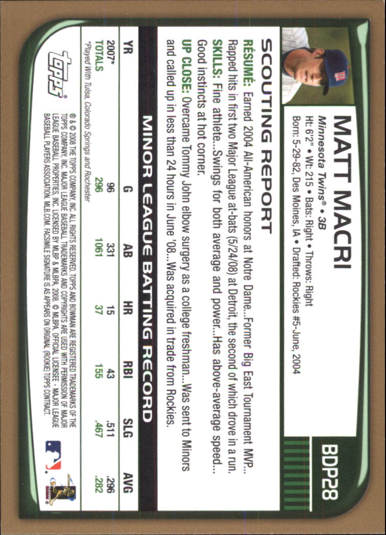 2008 Bowman Draft Gold #BDP28 Matt Macri back image