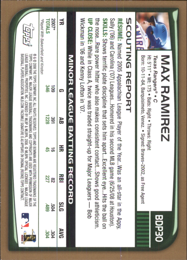 2008 Bowman Draft Gold #BDP30 Max Ramirez back image