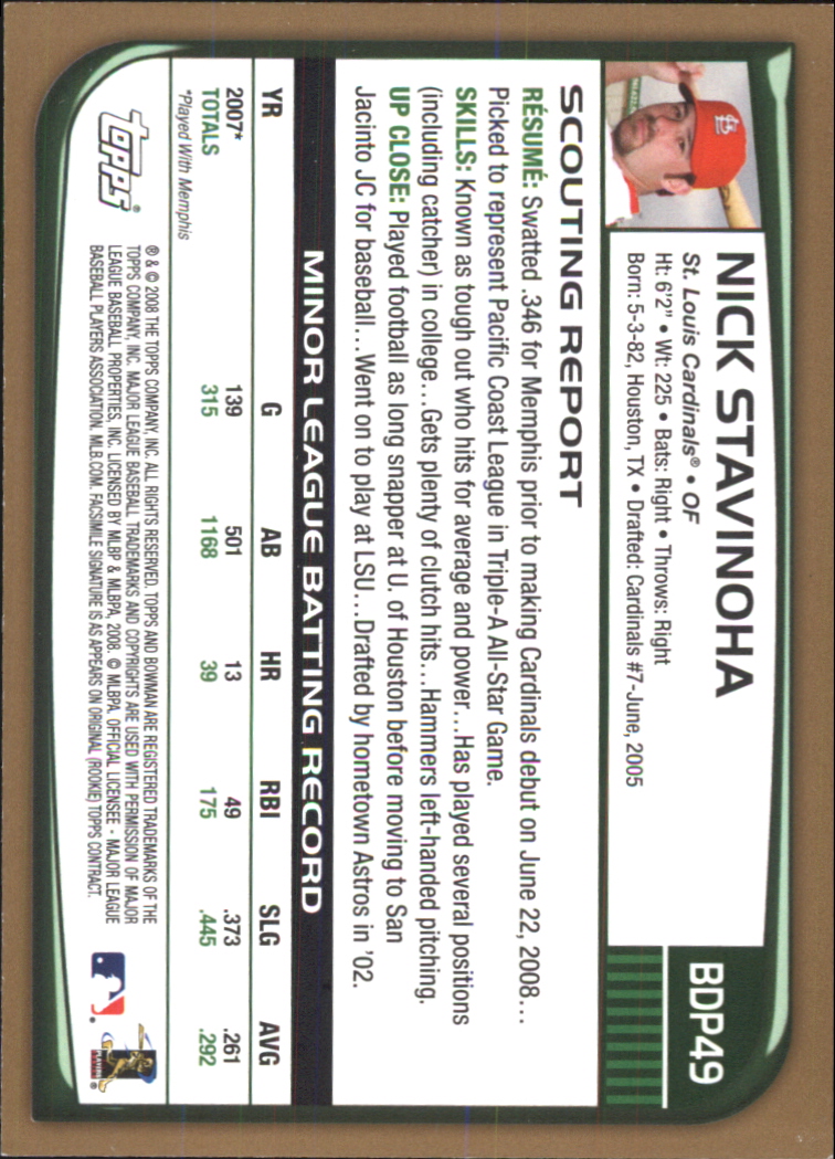 2008 Bowman Draft Gold #BDP49 Nick Stavinoha back image