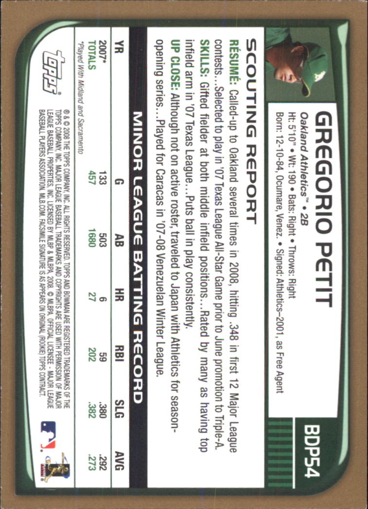 2008 Bowman Draft Gold #BDP54 Gregorio Petit back image
