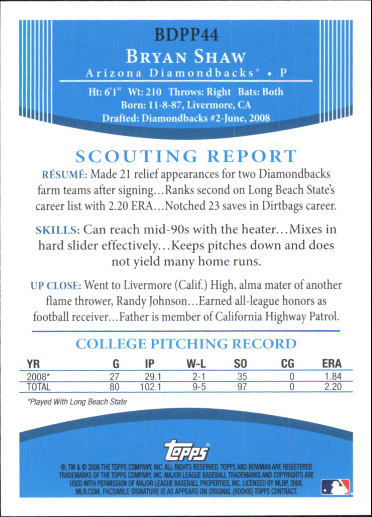 2008 Bowman Draft Prospects #BDPP44 Bryan Shaw DP back image