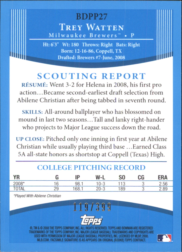 2008 Bowman Draft Prospects Blue #BDPP27 Trey Watten DP back image