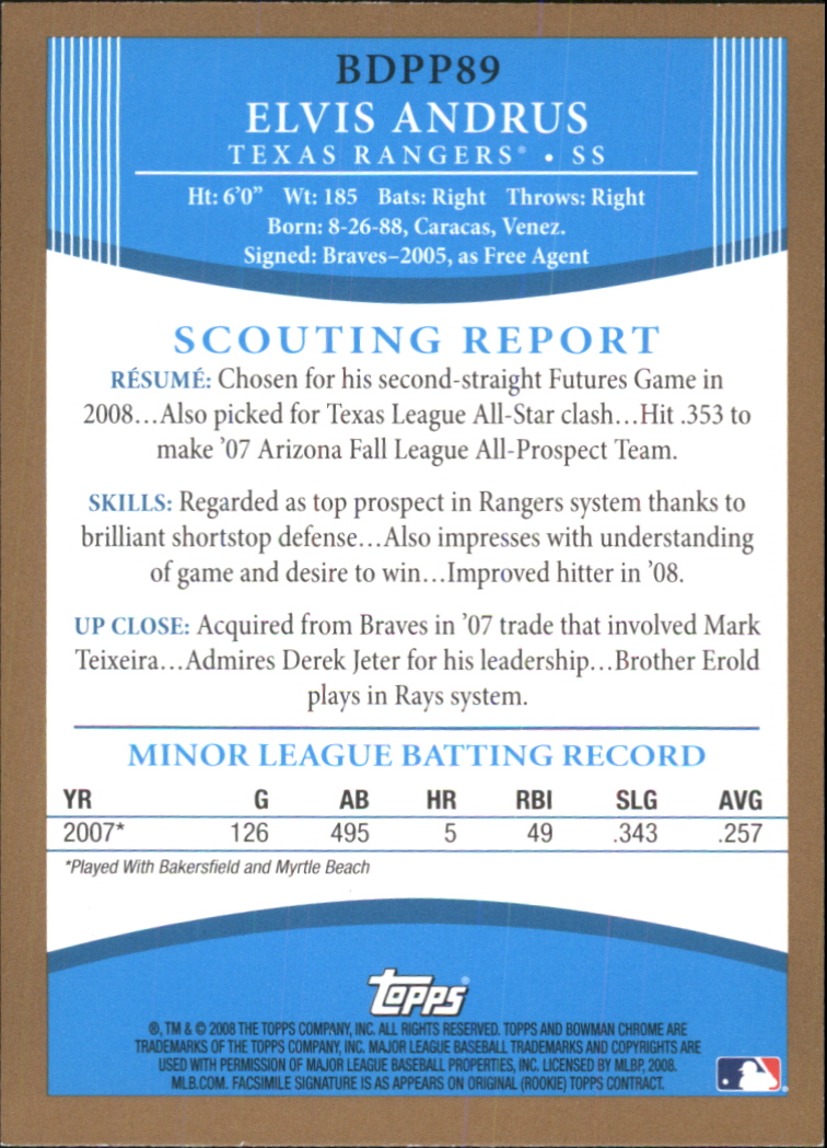 2008 Bowman Draft Prospects Gold #BDPP89 Elvis Andrus FG back image