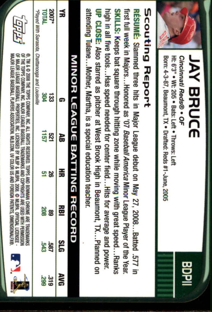 2008 Bowman Chrome Draft #BDP11 Jay Bruce (RC) back image