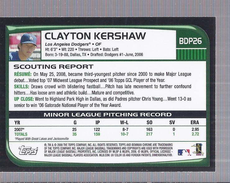 2008 Bowman Chrome Draft #BDP26a Clayton Kershaw RC back image