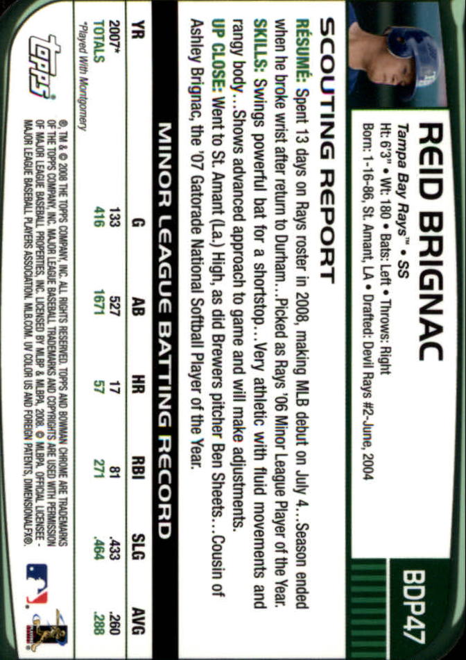 2008 Bowman Chrome Draft #BDP47 Reid Brignac (RC) back image