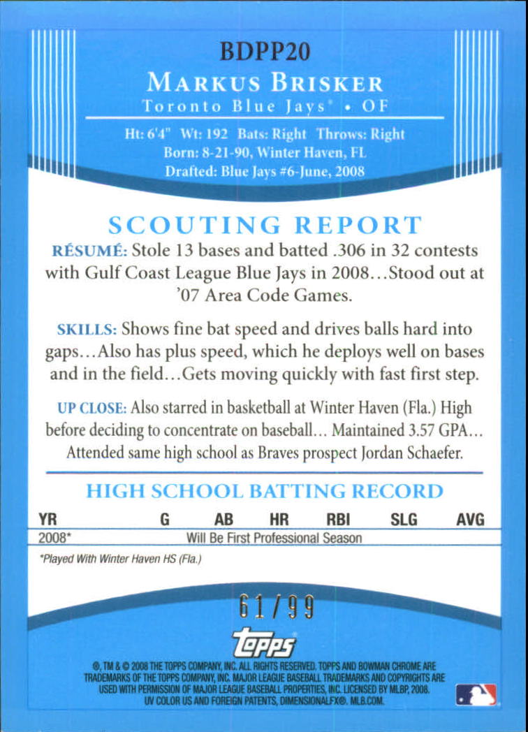 2008 Bowman Chrome Draft Prospects Blue Refractors #BDPP20 Markus Brisker DP back image