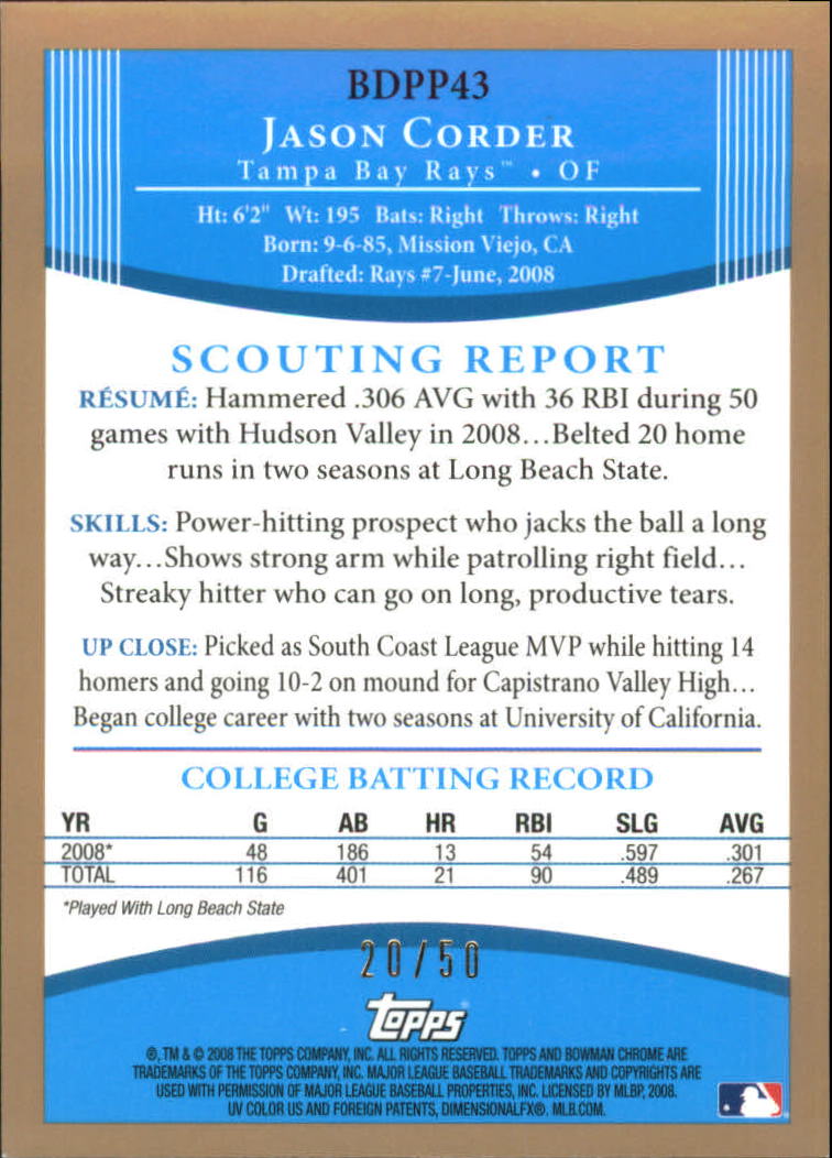 2008 Bowman Chrome Draft Prospects Gold Refractors #BDPP43 Jason Corder DP