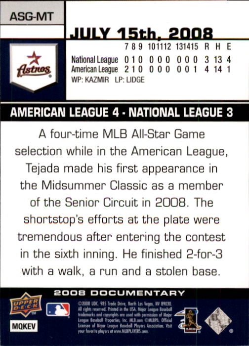2008 Upper Deck Documentary All Star Game #MT Miguel Tejada back image