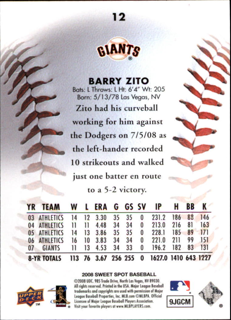 2008 Sweet Spot #12 Barry Zito back image