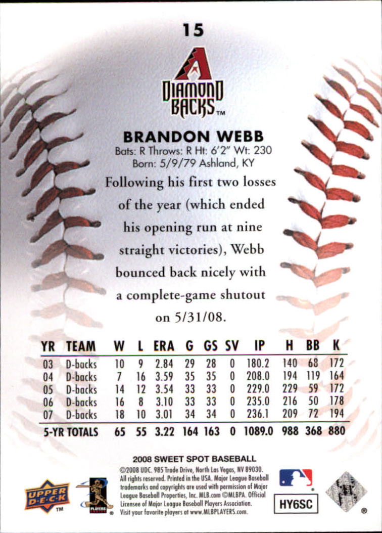 2008 Sweet Spot #15 Brandon Webb back image