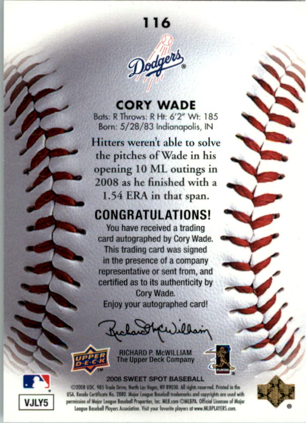 2008 Sweet Spot #116 Cory Wade AU/699 (RC) back image