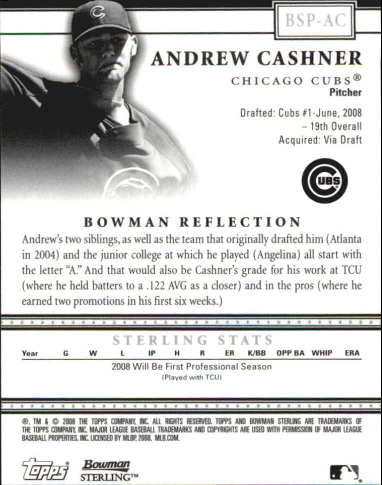 2008 Bowman Sterling Prospects #AC Andrew Cashner AU back image
