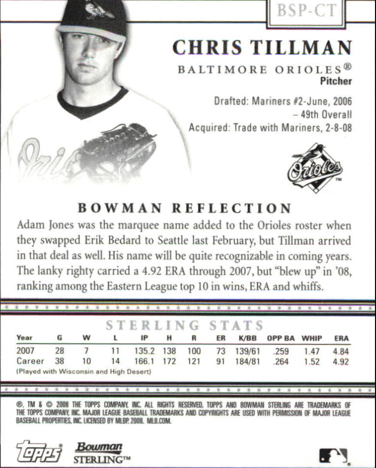 2008 Bowman Sterling Prospects #CT Chris Tillman AU back image