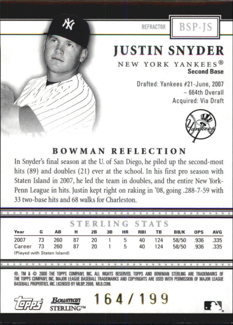 2008 Bowman Sterling Prospects Refractors #JS Justin Snyder back image