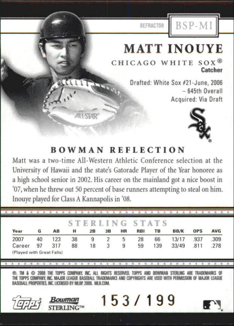 2008 Bowman Sterling Prospects Refractors #MI Matt Inouye back image