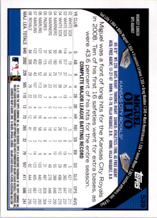 2009 Topps #539 Miguel Olivo back image