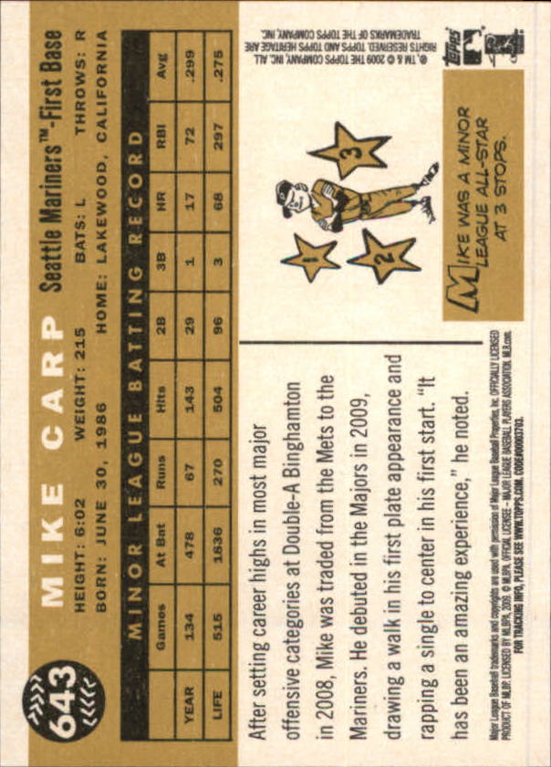 2009 Topps Heritage #643 Mike Carp (RC) back image