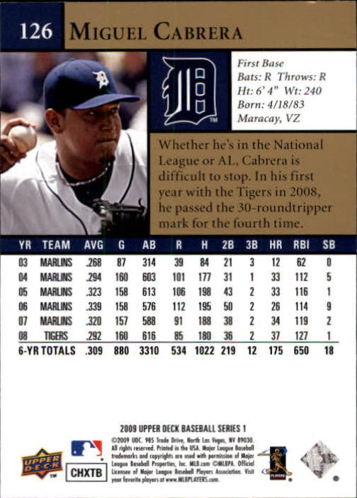 2009 Upper Deck #126 Miguel Cabrera back image