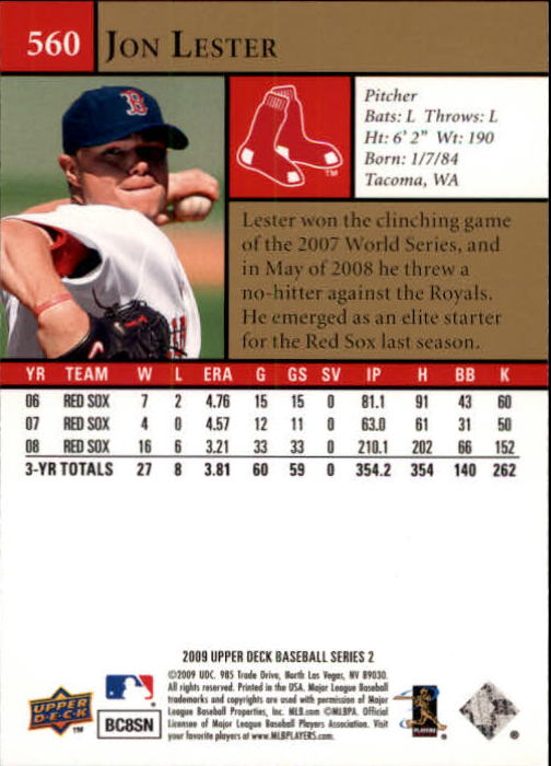 2009 Upper Deck #560 Jon Lester back image