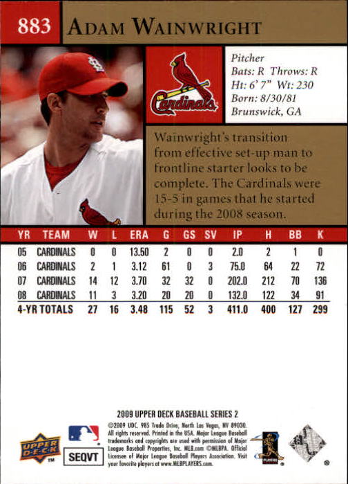 2009 Upper Deck #883 Adam Wainwright back image