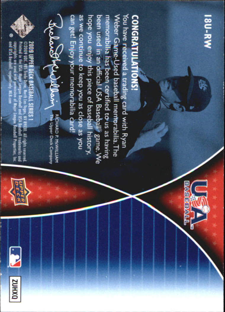 2009 Upper Deck USA 18U National Team Jersey #18URW Ryan Weber back image