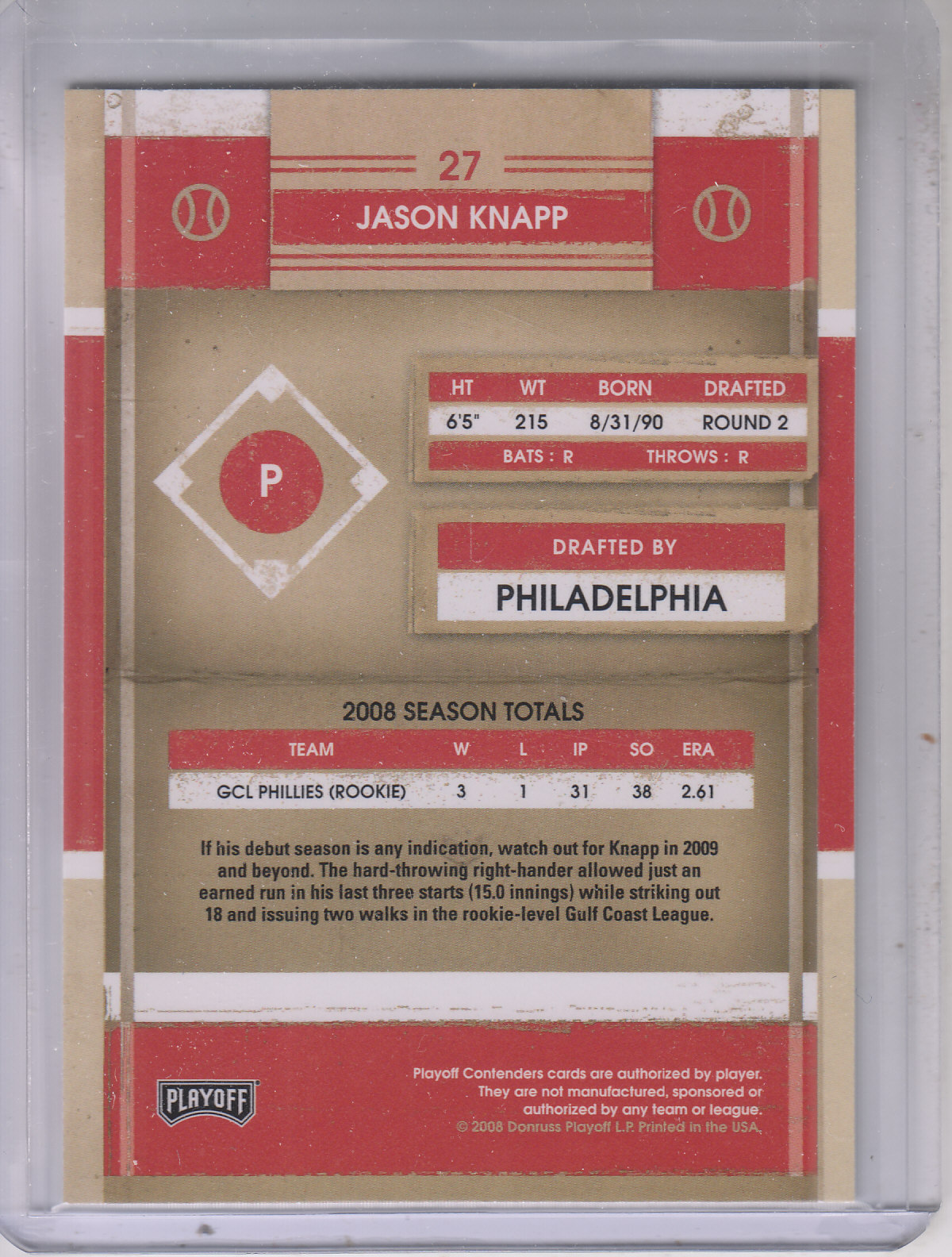 2008 Playoff Contenders #27 Jason Knapp back image