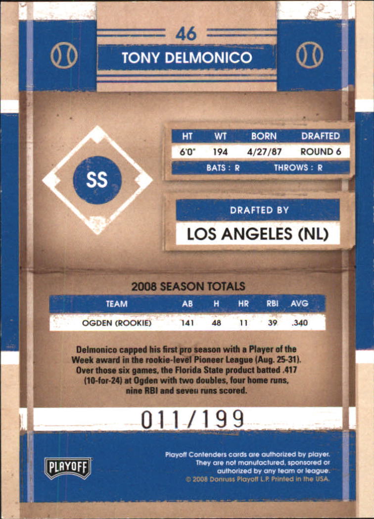 2008 Playoff Contenders Playoff Ticket #46 Tony Delmonico back image
