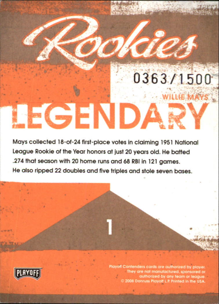 2008 Playoff Contenders Legendary Rookies #1 Willie Mays back image