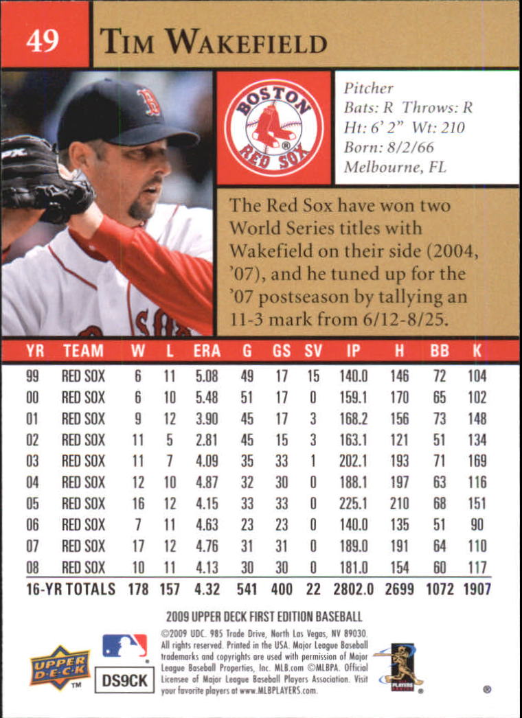 2009 Upper Deck First Edition #49 Tim Wakefield back image