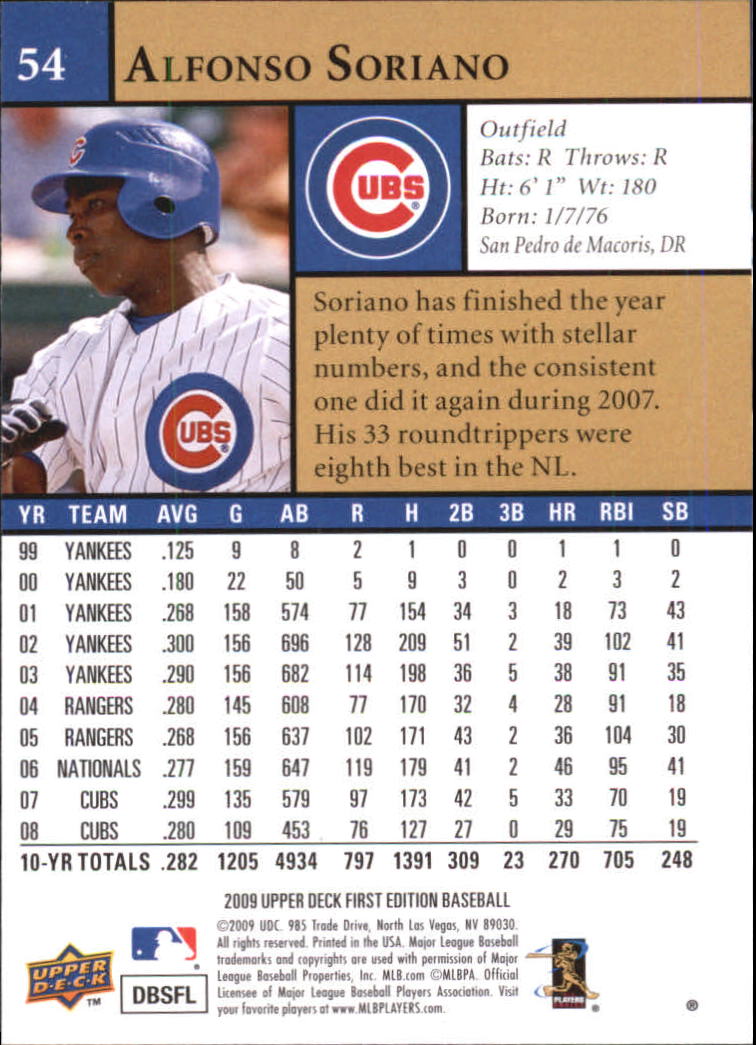 2009 Upper Deck First Edition #54 Alfonso Soriano back image