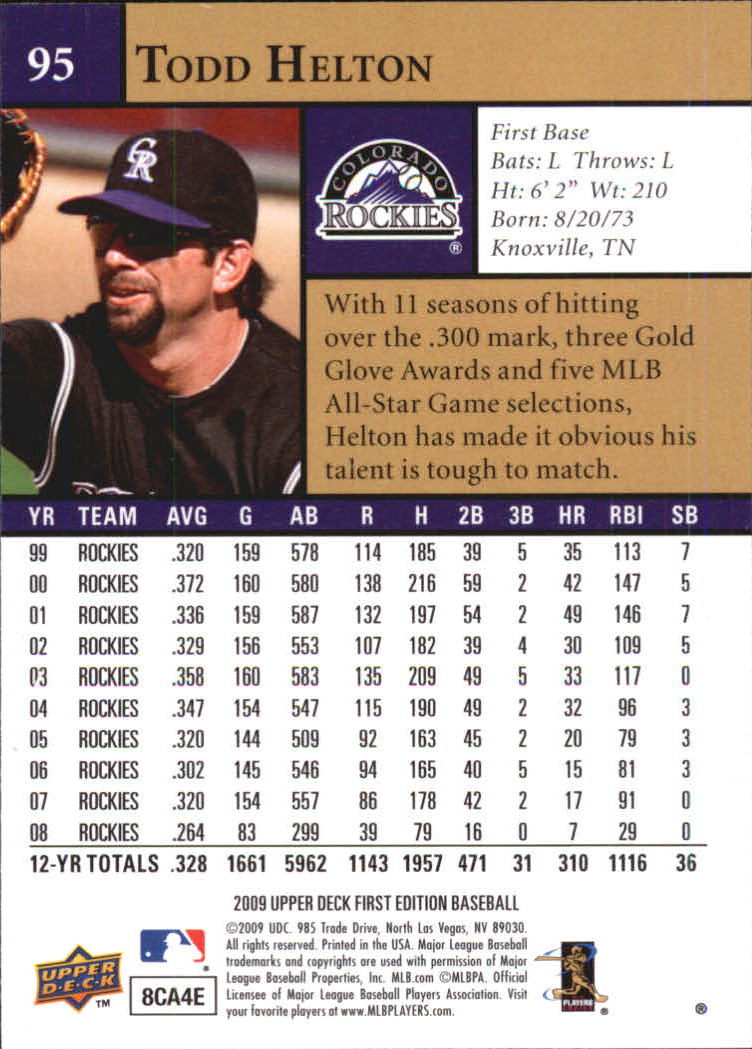 2009 Upper Deck First Edition #95 Todd Helton back image