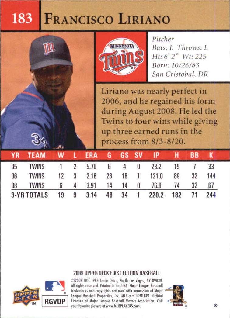 2009 Upper Deck First Edition #183 Francisco Liriano back image